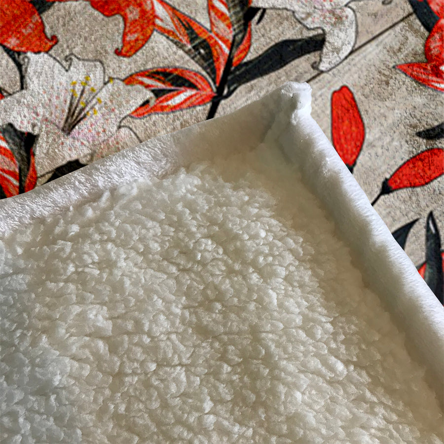 Red Lily Floral Botanical Pattern Fleece Sherpa Blanket