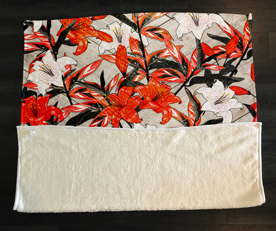 Red Lily Floral Botanical Pattern Fleece Sherpa Blanket