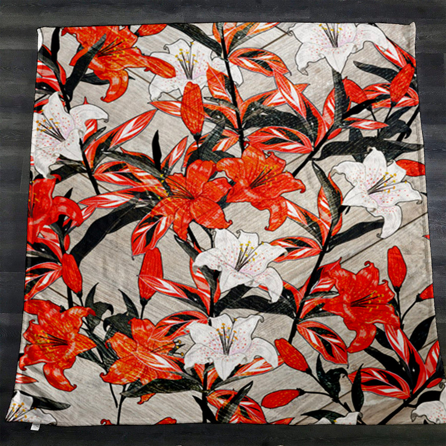 Red Lily Floral Botanical Pattern Fleece Sherpa Blanket