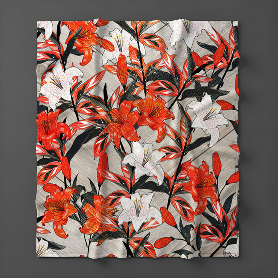 Red Lily Floral Botanical Pattern Fleece Sherpa Blanket