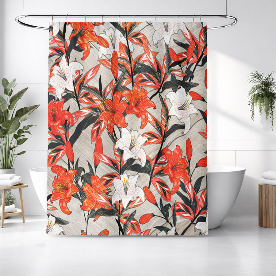 Red Lily Floral Botanical Pattern Shower Curtain