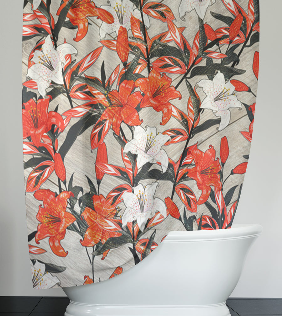 Red Lily Floral Botanical Pattern Shower Curtain