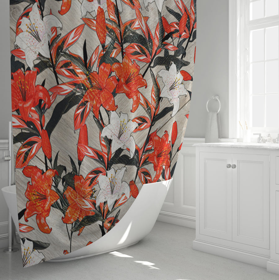 Red Lily Floral Botanical Pattern Shower Curtain