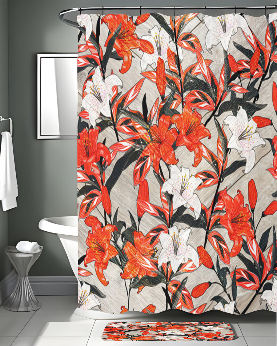 Red Lily Floral Botanical Pattern Shower Curtain