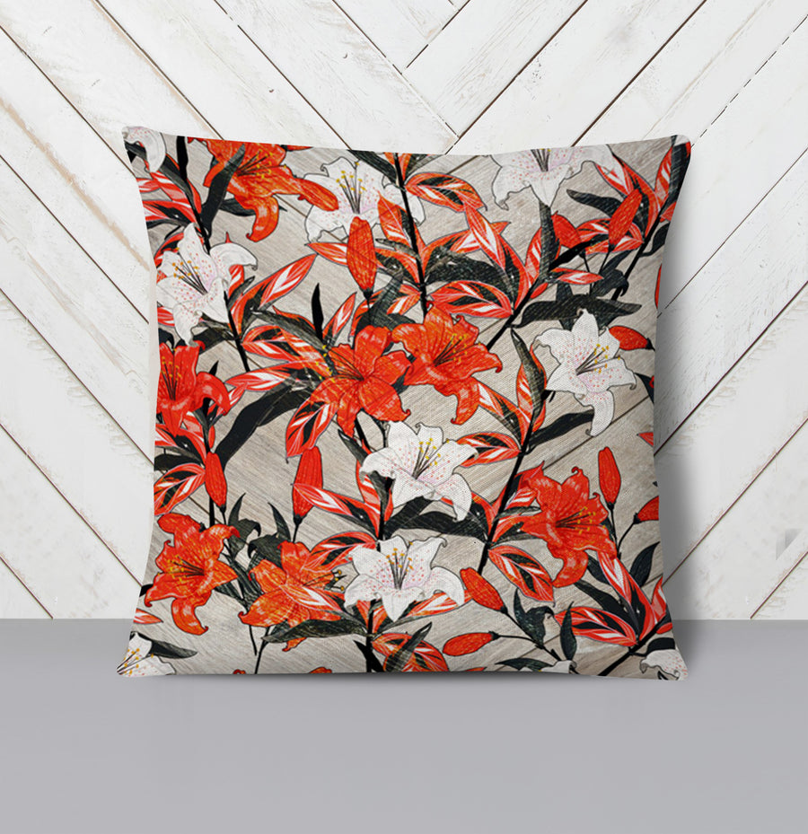 Red Lily Floral Botanical Pattern Throw Pillow Cover