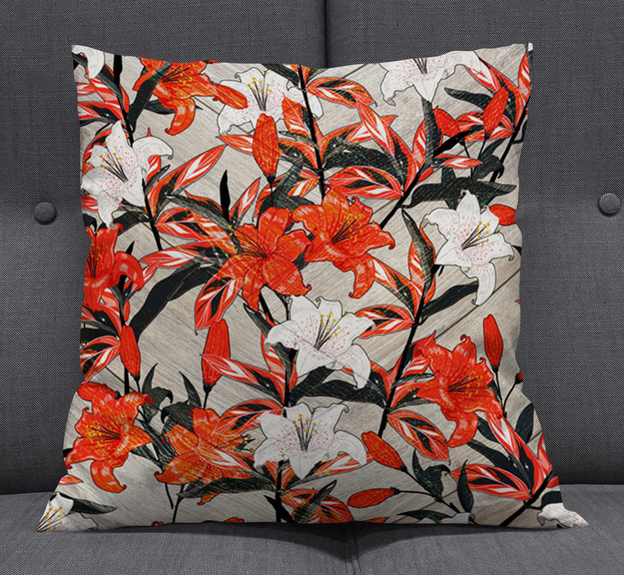 Red Lily Floral Botanical Pattern Throw Pillow Cover