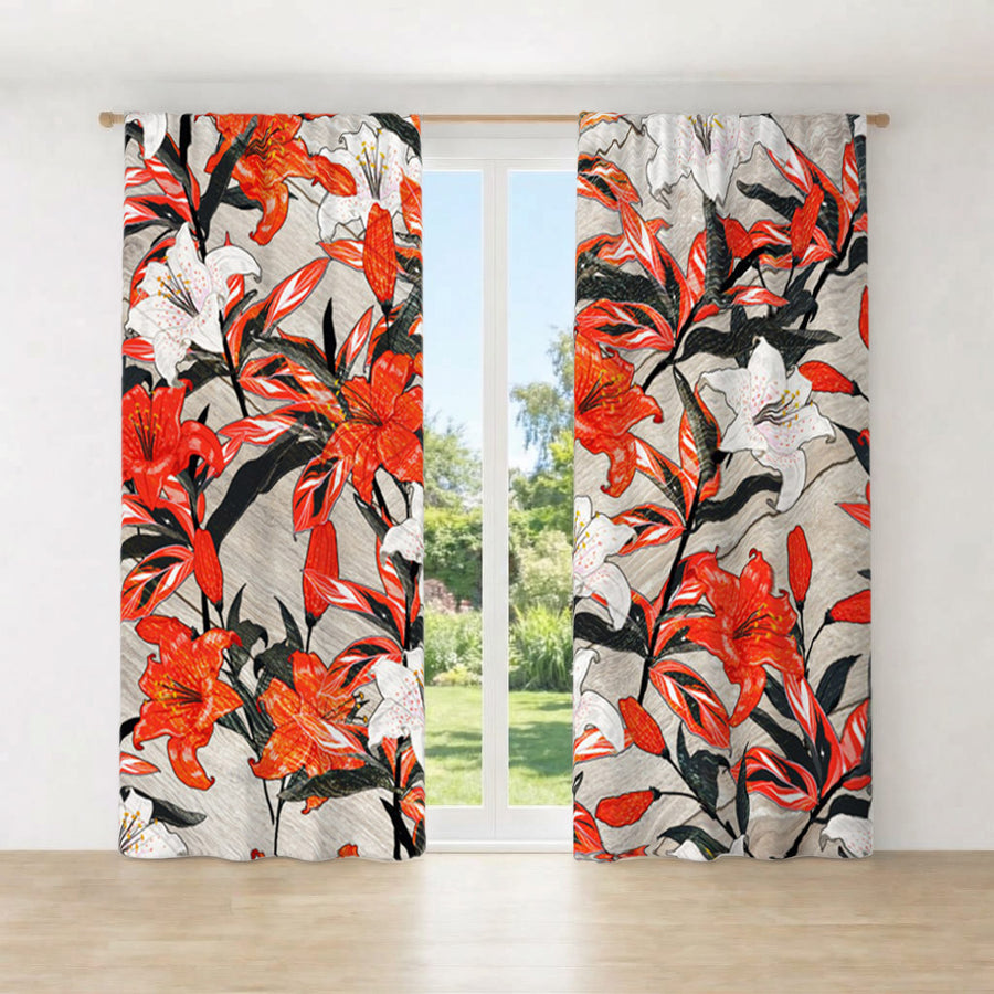 Red Lily Floral Botanical Pattern Window Curtain