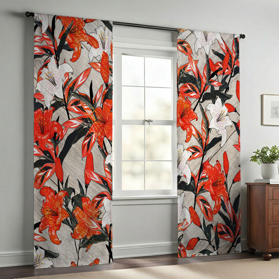 Red Lily Floral Botanical Pattern Window Curtain
