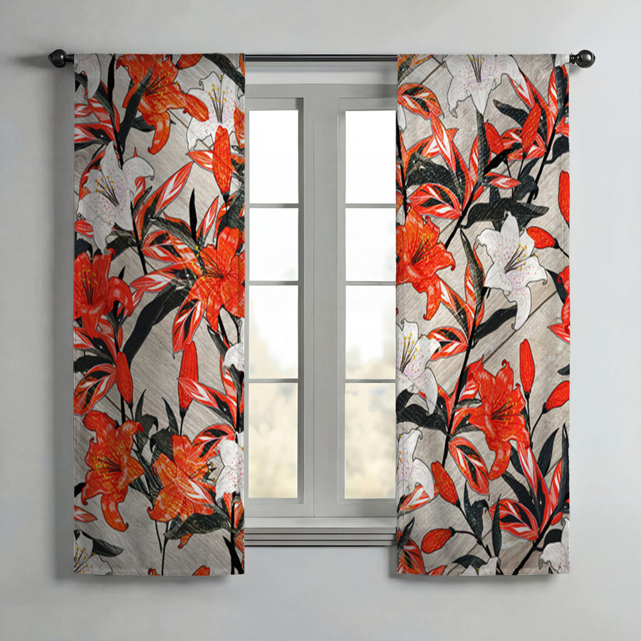 Red Lily Floral Botanical Pattern Window Curtain