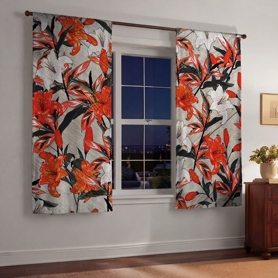 Red Lily Floral Botanical Pattern Window Curtain