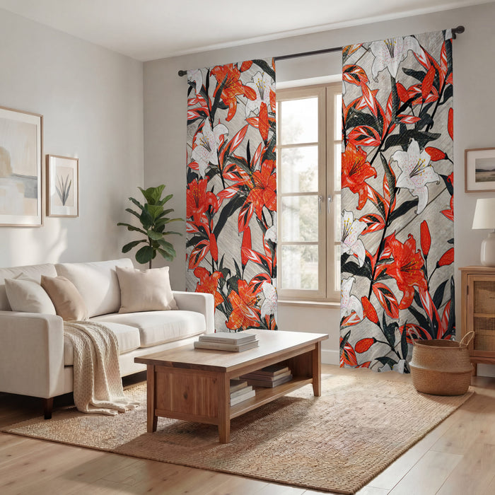 Red Lily Floral Botanical Pattern Window Curtain
