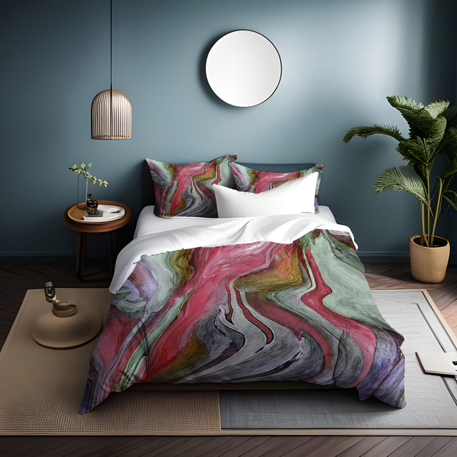 Pink and Green Marble Flow Pattern Duvet Cover