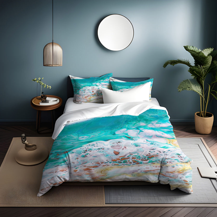 Teal Coastal Foam Ocean Pattern Duvet Cover