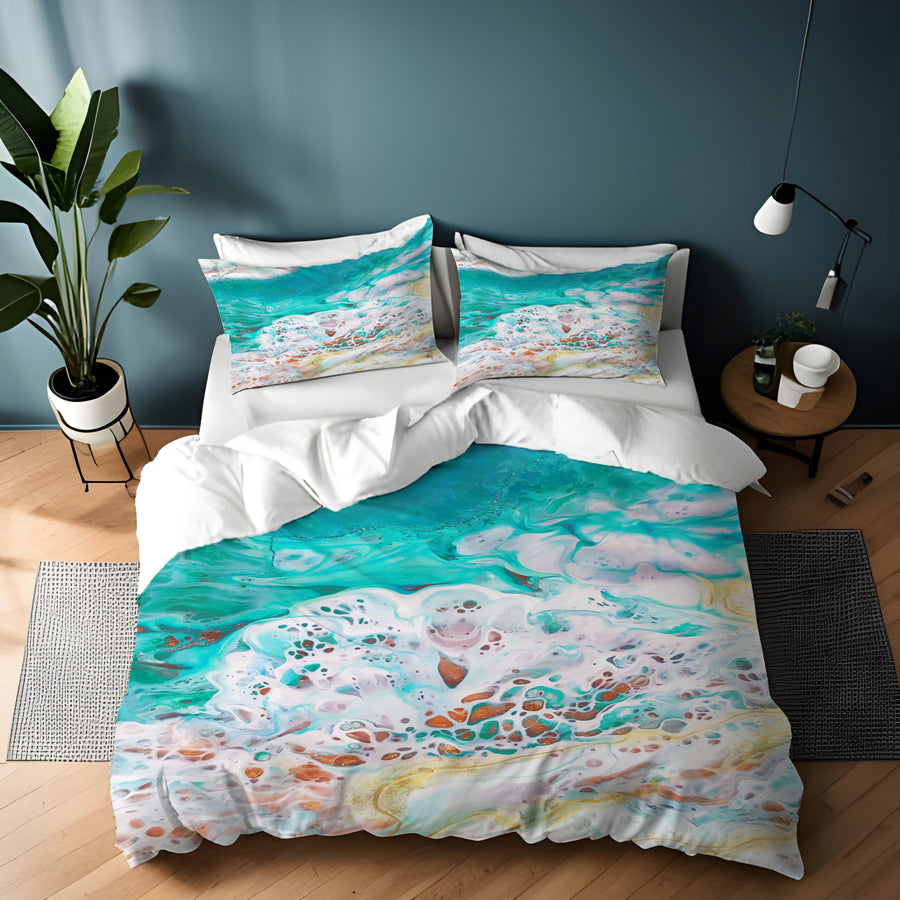 Teal Coastal Foam Ocean Pattern Duvet Cover