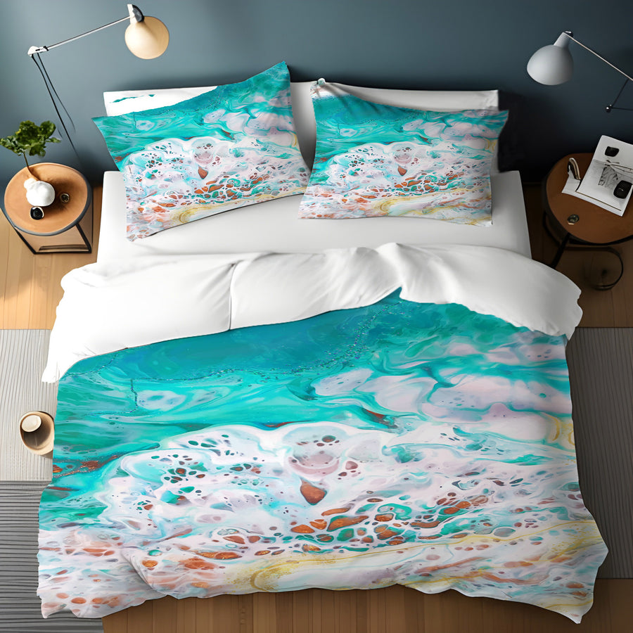 Teal Coastal Foam Ocean Pattern Duvet Cover