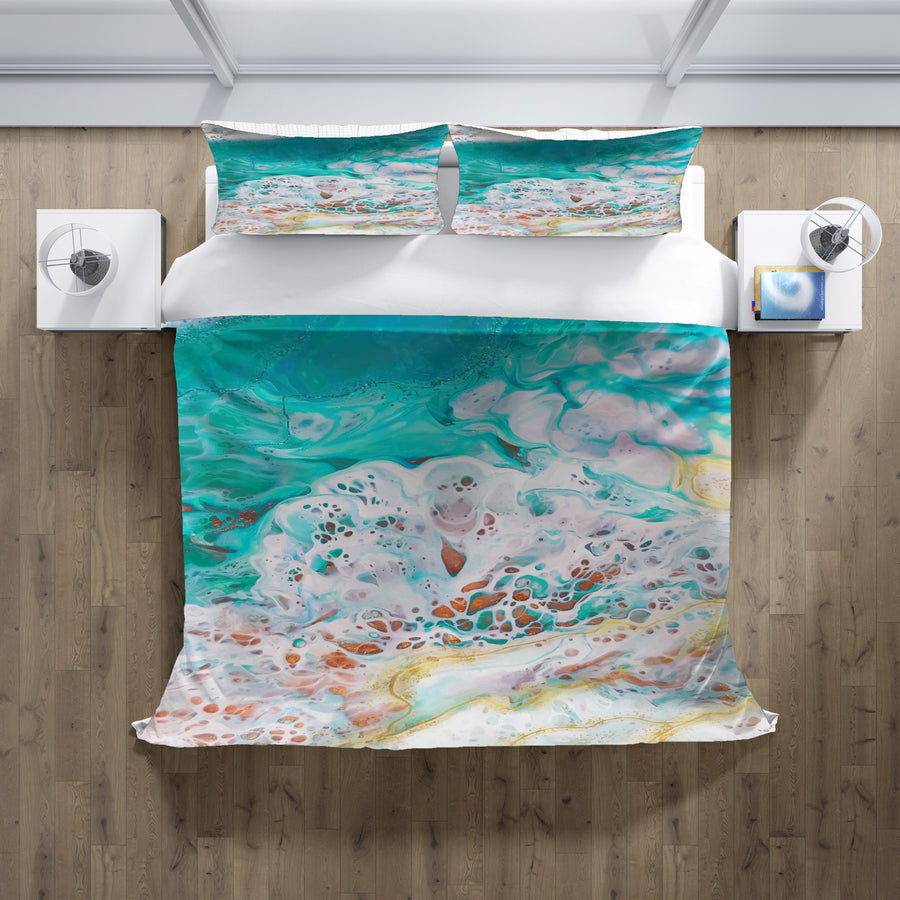 Teal Coastal Foam Ocean Pattern Duvet Cover
