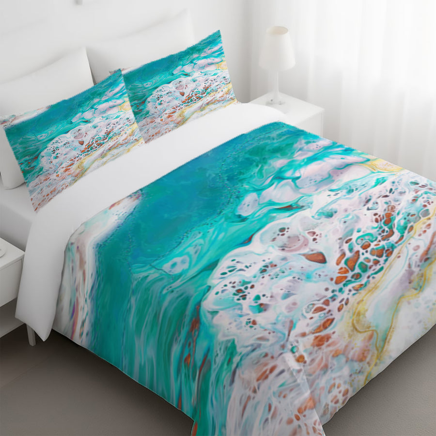Teal Coastal Foam Ocean Pattern Duvet Cover