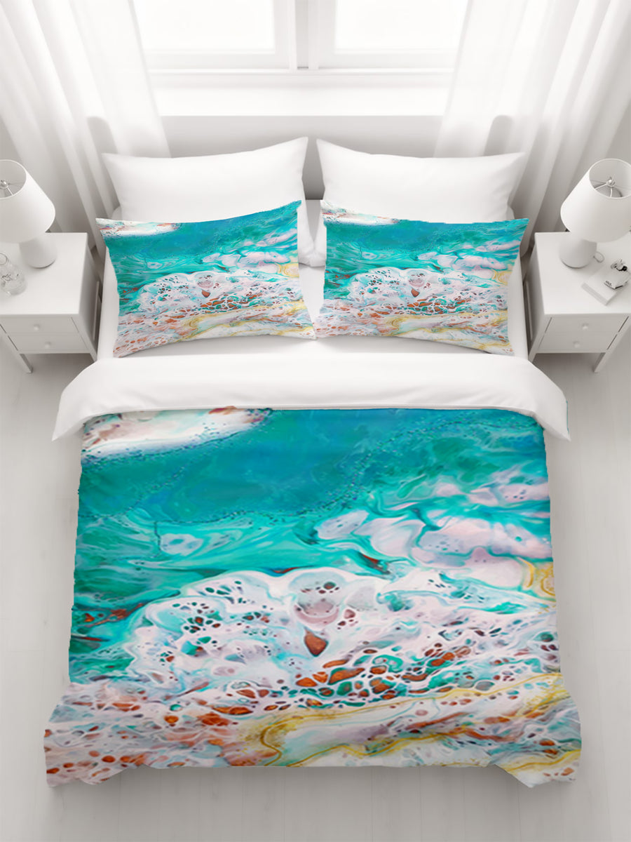 Teal Coastal Foam Ocean Pattern Duvet Cover