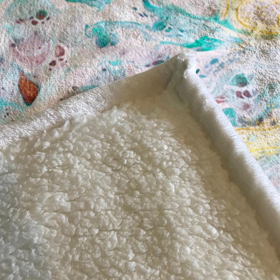 Teal Coastal Foam Ocean Pattern Fleece Sherpa Blanket