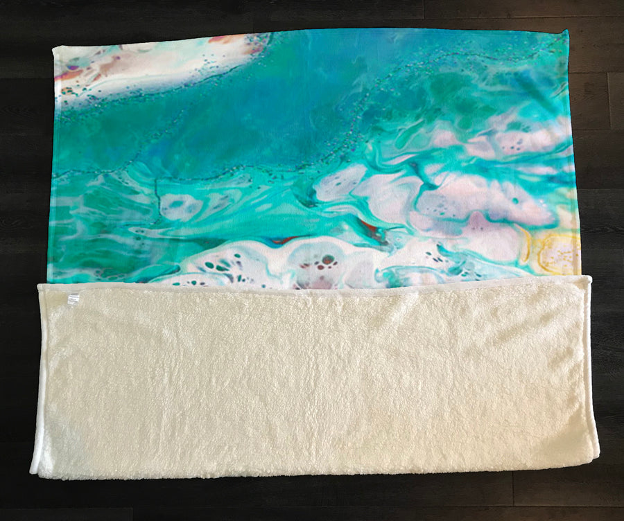 Teal Coastal Foam Ocean Pattern Fleece Sherpa Blanket