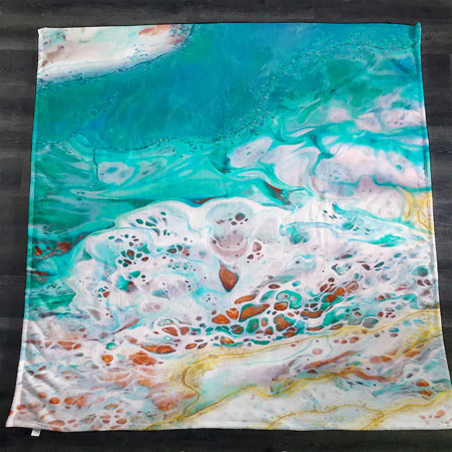 Teal Coastal Foam Ocean Pattern Fleece Sherpa Blanket