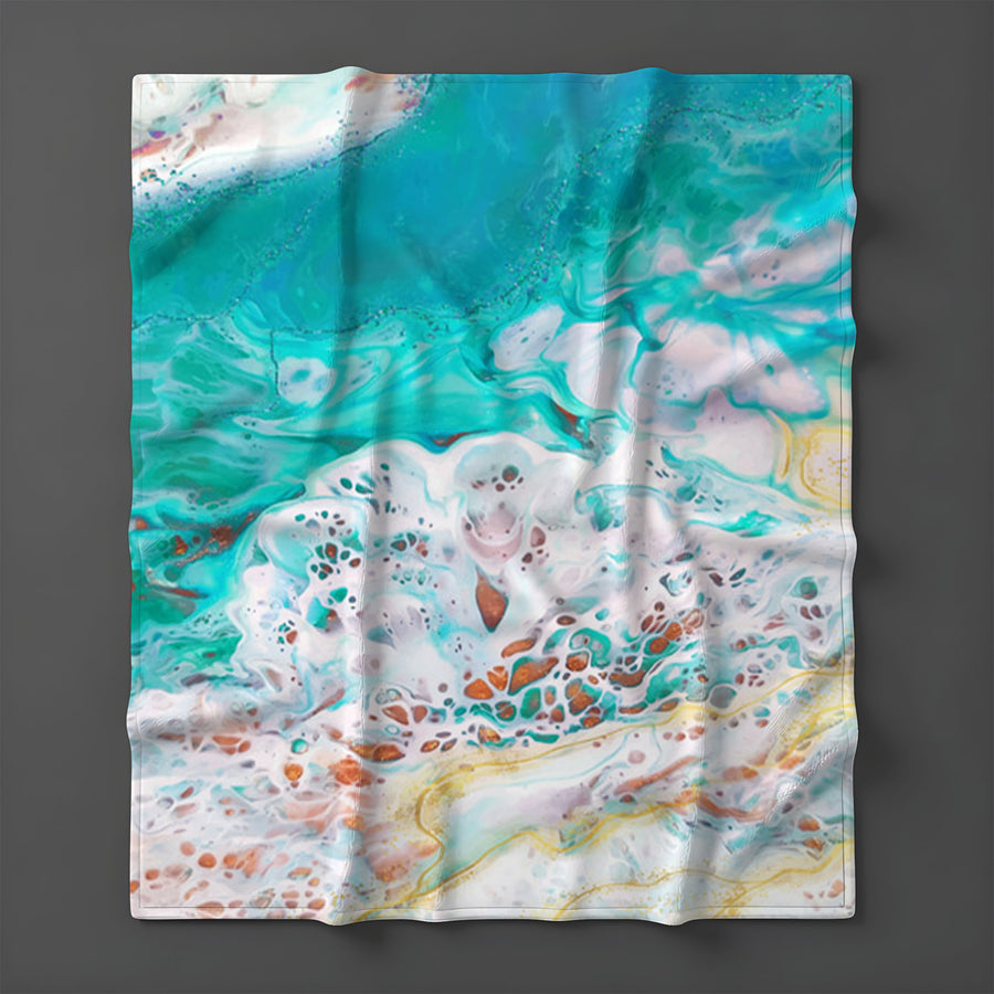 Teal Coastal Foam Ocean Pattern Fleece Sherpa Blanket