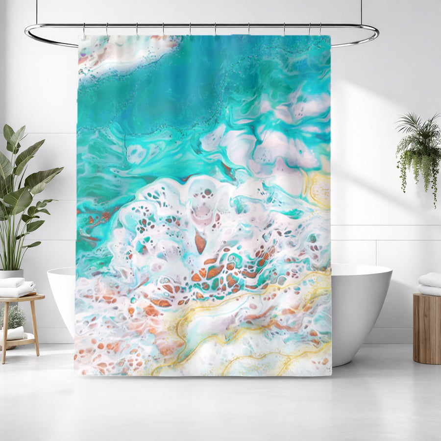 Teal Coastal Foam Ocean Pattern Shower Curtain