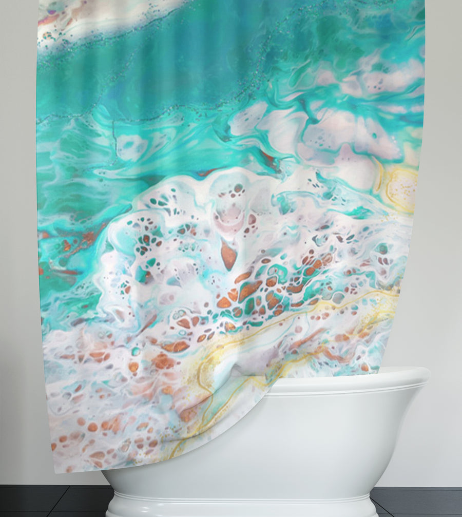 Teal Coastal Foam Ocean Pattern Shower Curtain