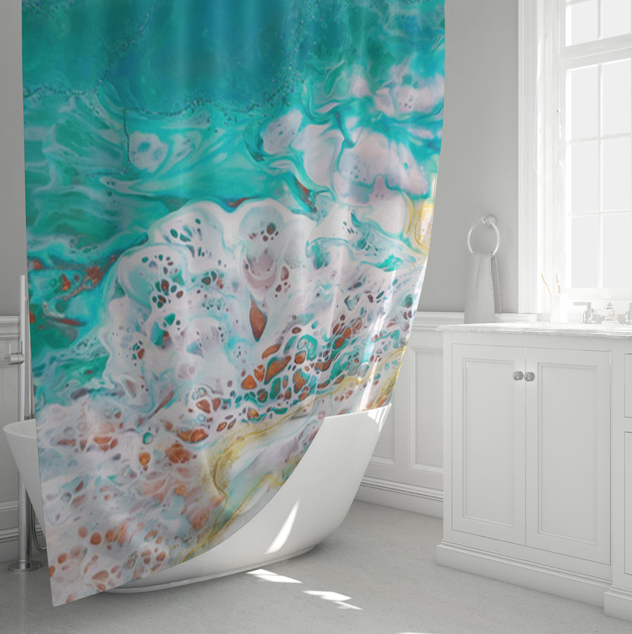 Teal Coastal Foam Ocean Pattern Shower Curtain