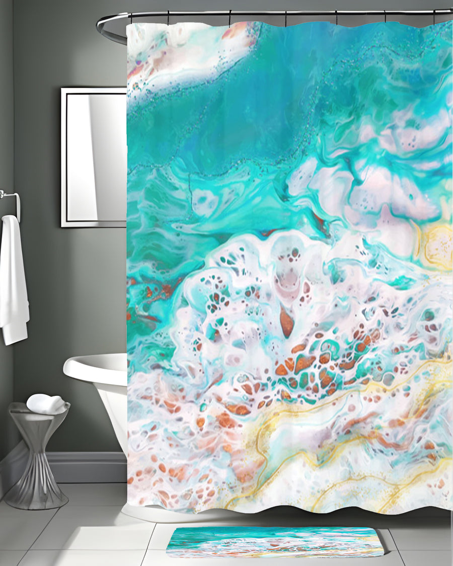 Teal Coastal Foam Ocean Pattern Shower Curtain