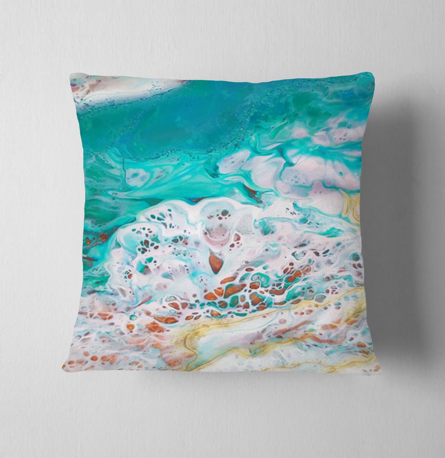 Teal Coastal Foam Ocean Pattern Throw Pillow Cover