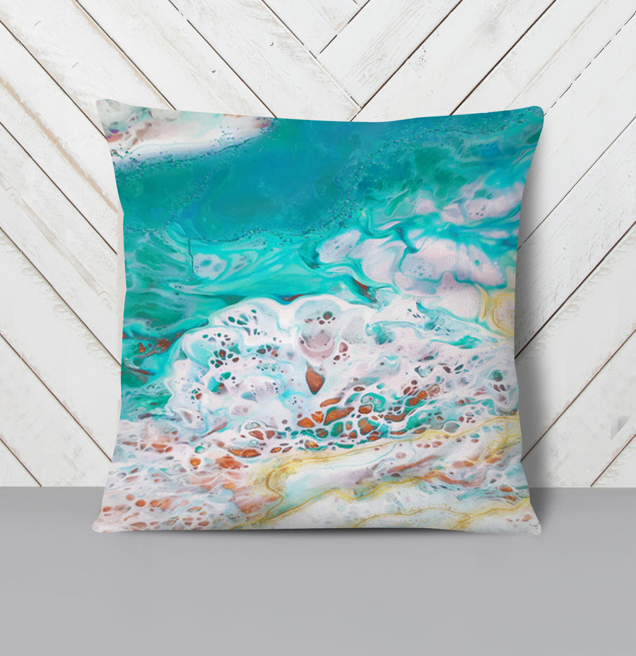 Teal Coastal Foam Ocean Pattern Throw Pillow Cover
