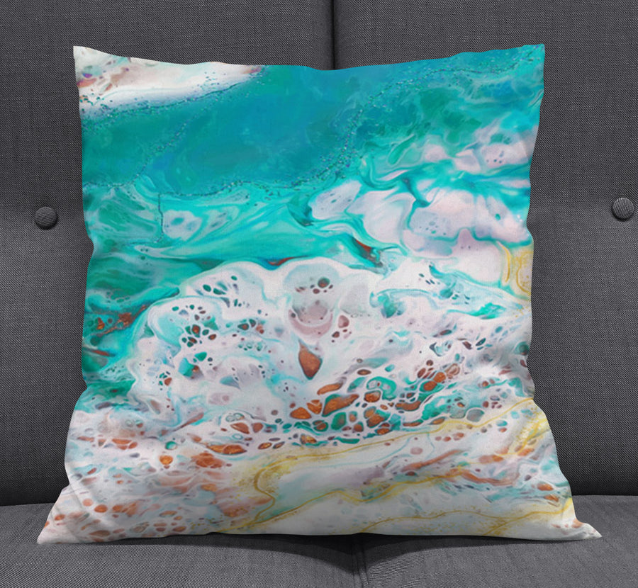 Teal Coastal Foam Ocean Pattern Throw Pillow Cover