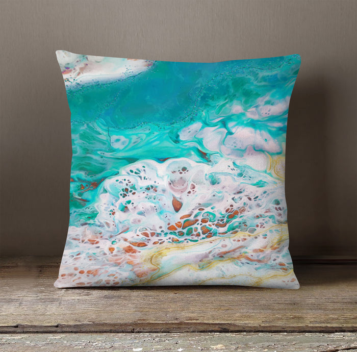 Teal Coastal Foam Ocean Pattern Throw Pillow Cover