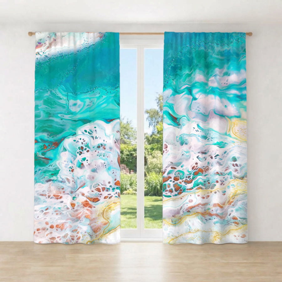 Teal Coastal Foam Ocean Pattern Window Curtain
