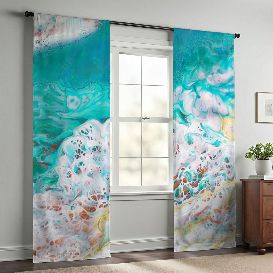 Teal Coastal Foam Ocean Pattern Window Curtain