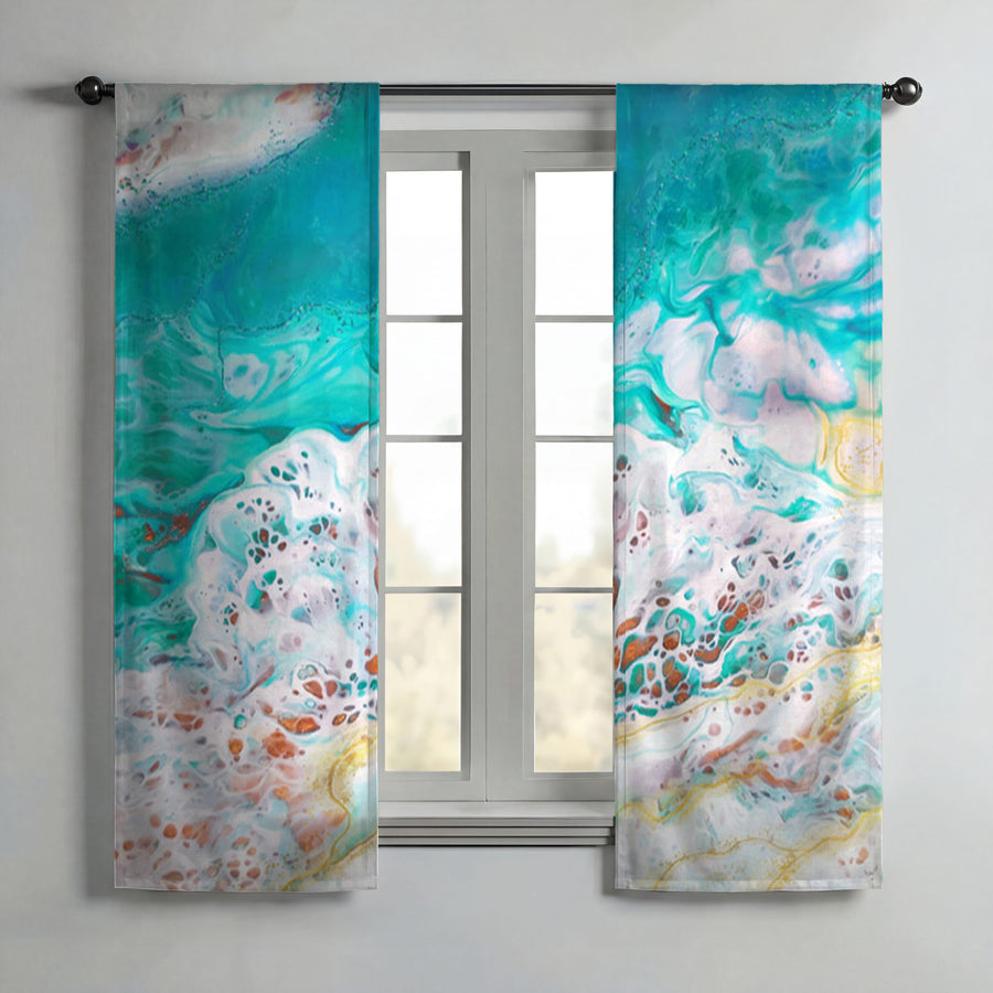 Teal Coastal Foam Ocean Pattern Window Curtain