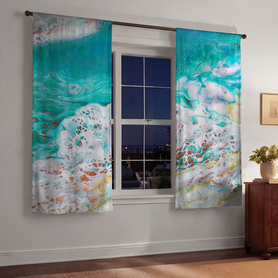 Teal Coastal Foam Ocean Pattern Window Curtain