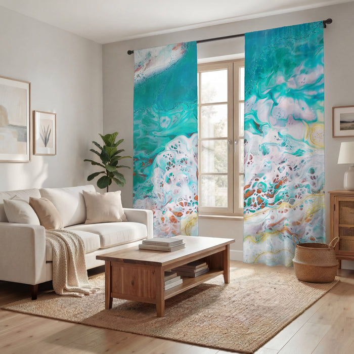 Teal Coastal Foam Ocean Pattern Window Curtain