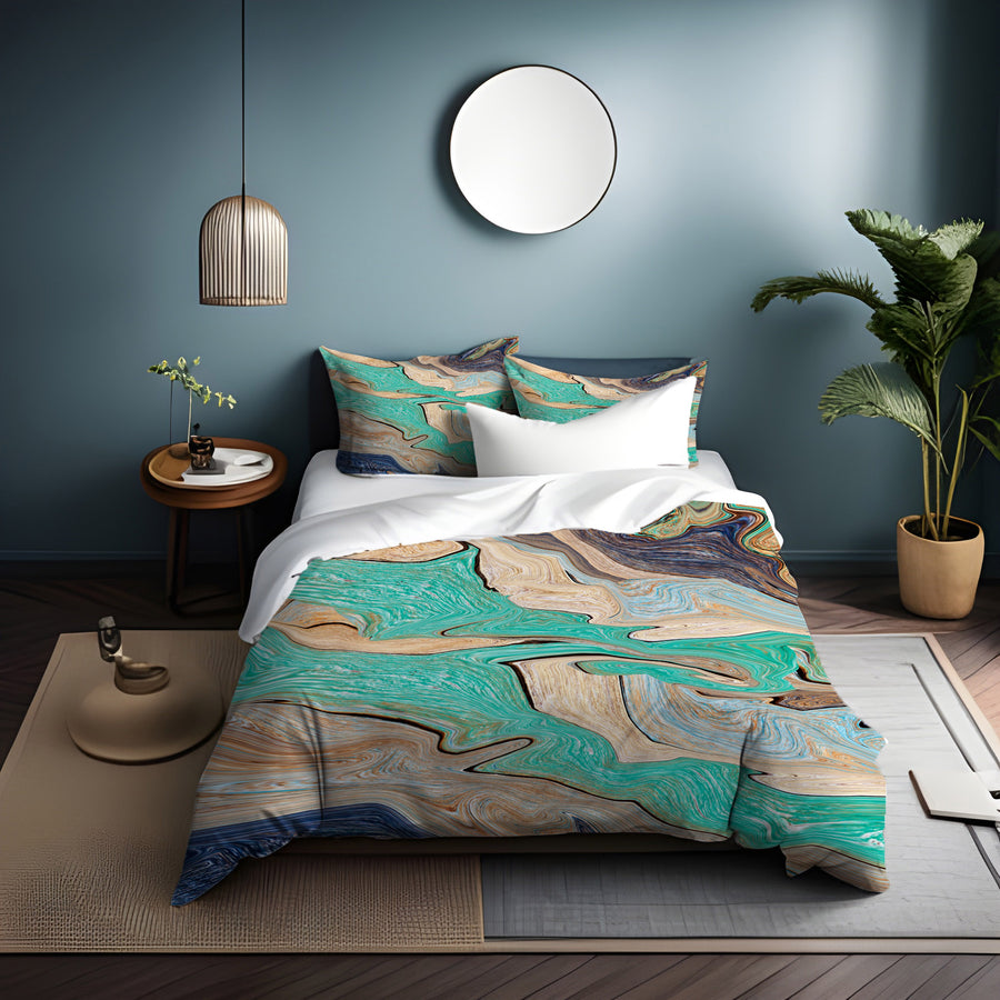 Beige and Teal Natural Stone Marble Pattern Duvet Cover
