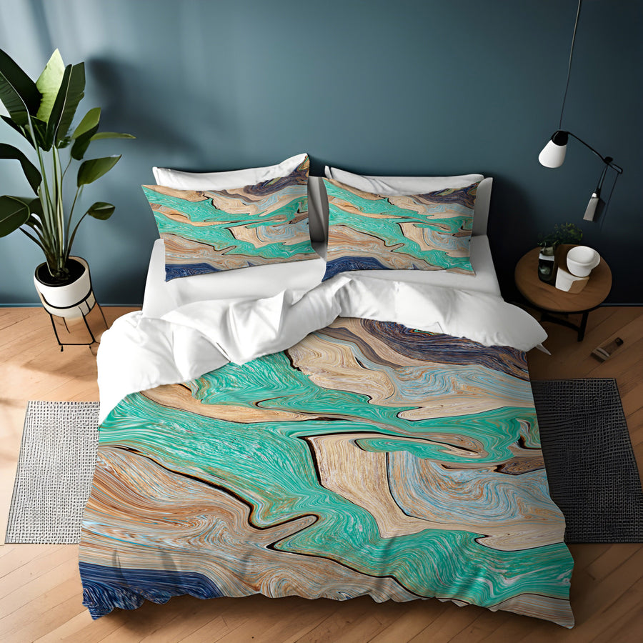 Beige and Teal Natural Stone Marble Pattern Duvet Cover