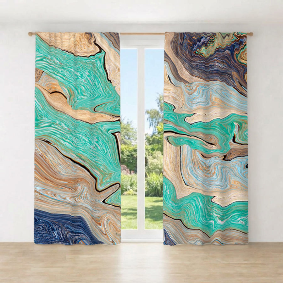 Beige and Teal Natural Stone Marble Pattern Window Curtain