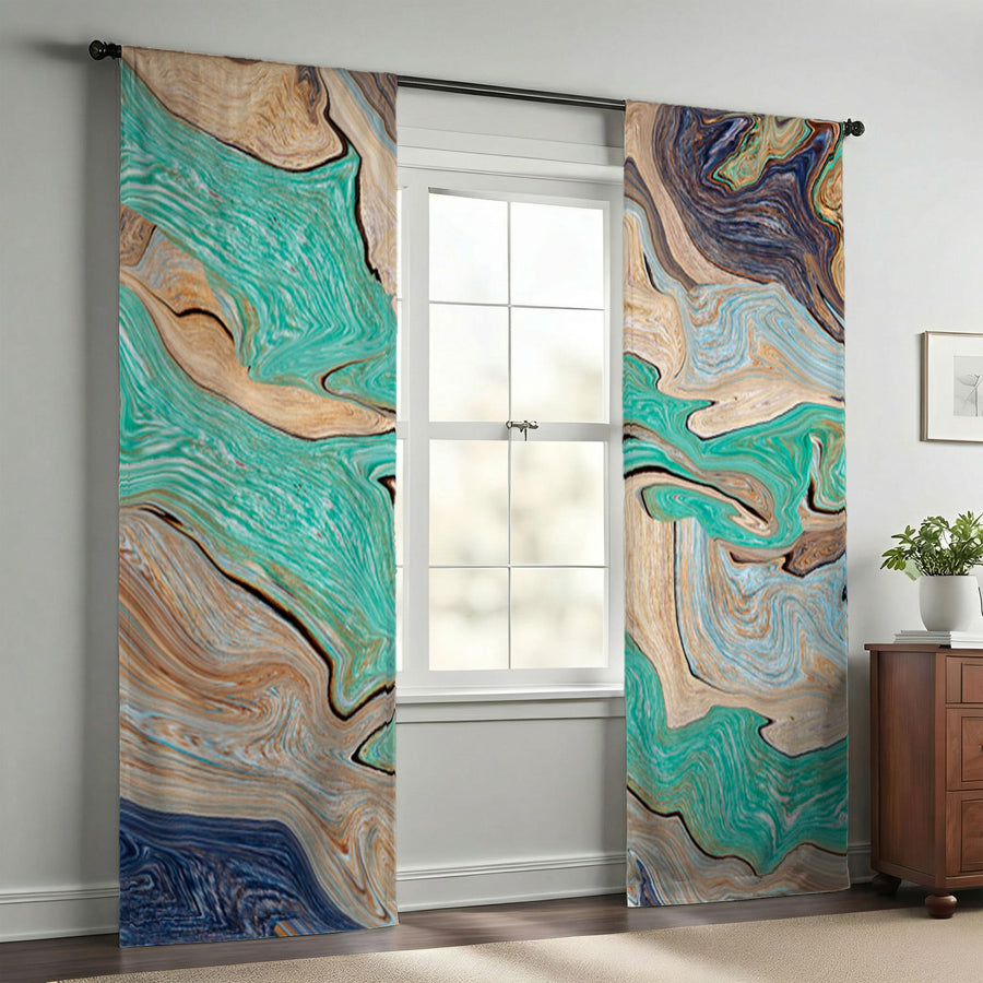 Beige and Teal Natural Stone Marble Pattern Window Curtain