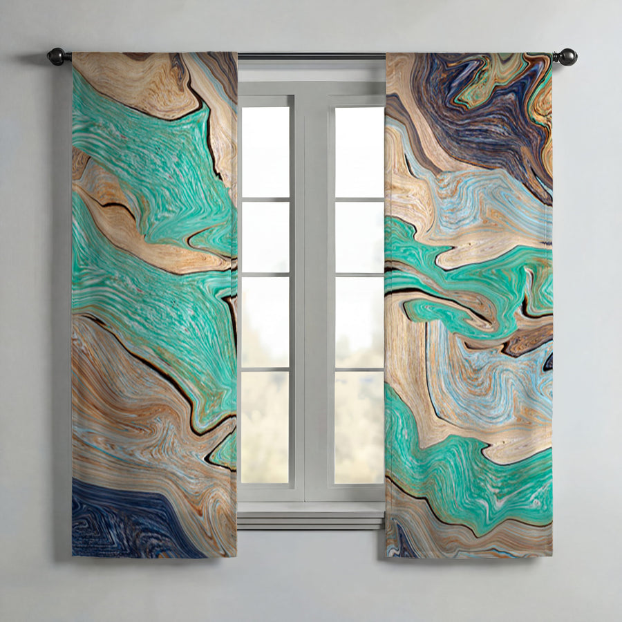 Beige and Teal Natural Stone Marble Pattern Window Curtain