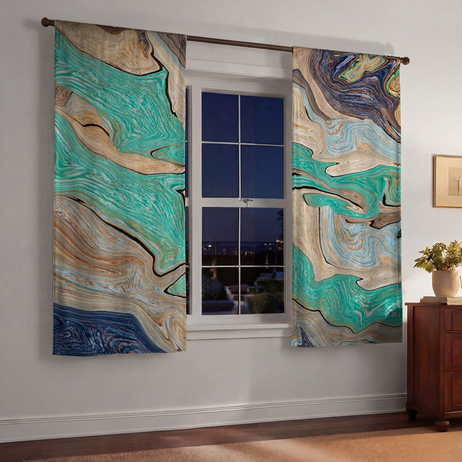 Beige and Teal Natural Stone Marble Pattern Window Curtain
