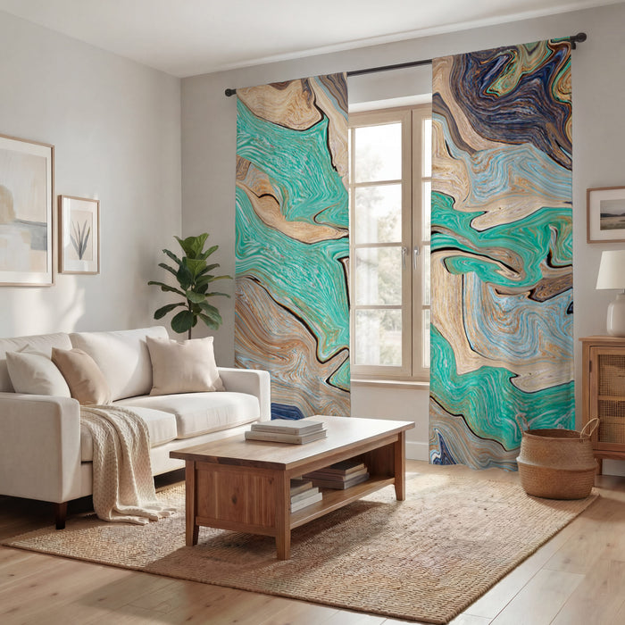 Beige and Teal Natural Stone Marble Pattern Window Curtain