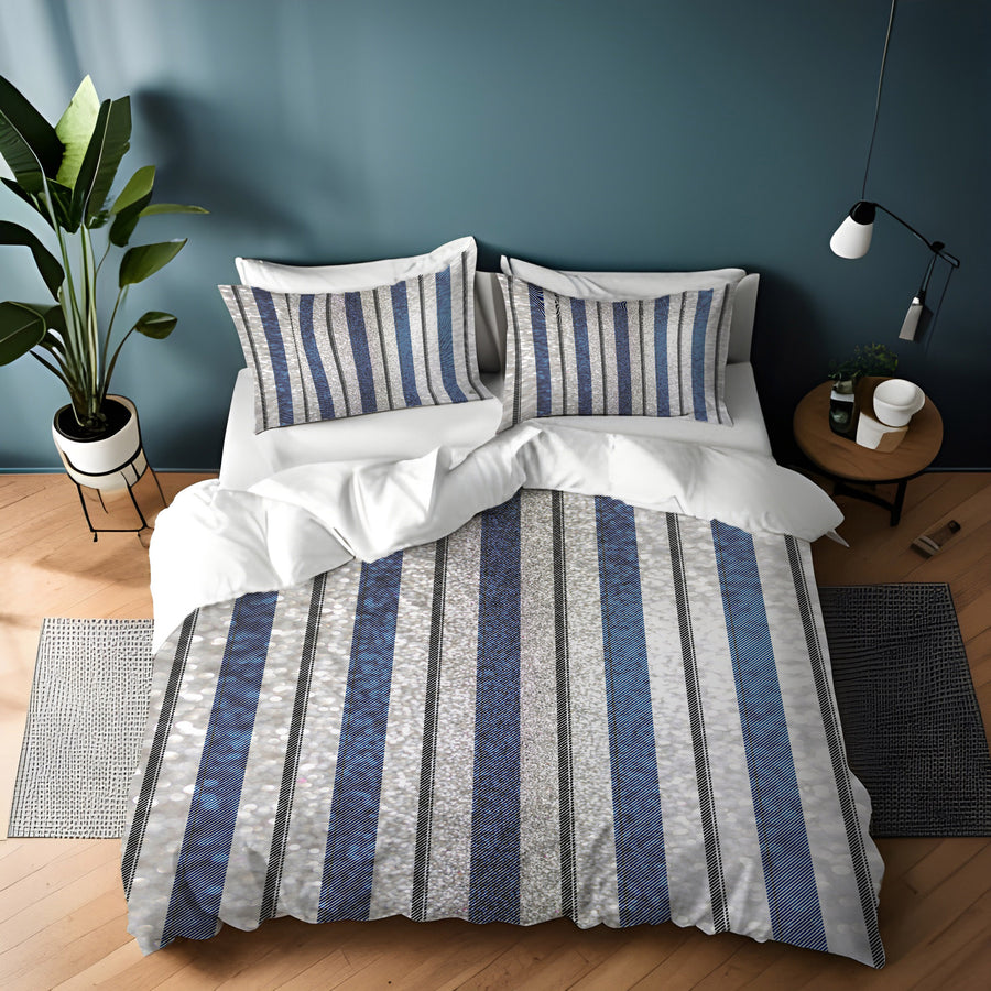 Blue and Gray Vertical Stripe Pattern Duvet Cover