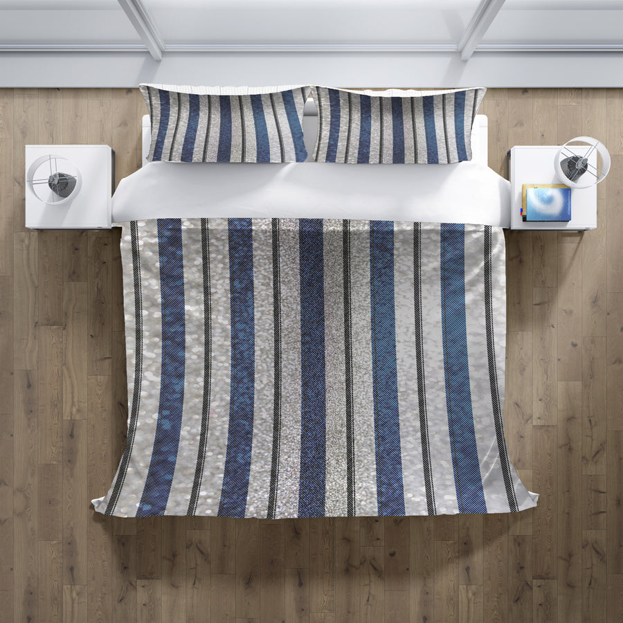 Blue and Gray Vertical Stripe Pattern Duvet Cover