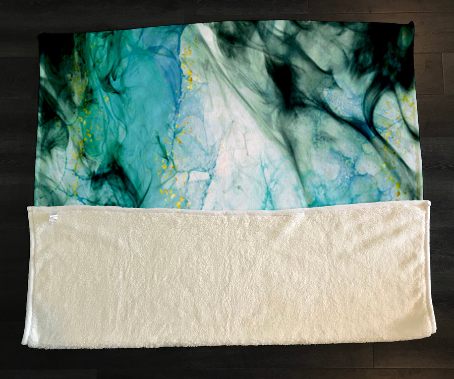 Teal Ink Wash Abstract Texture Fleece Sherpa Blanket