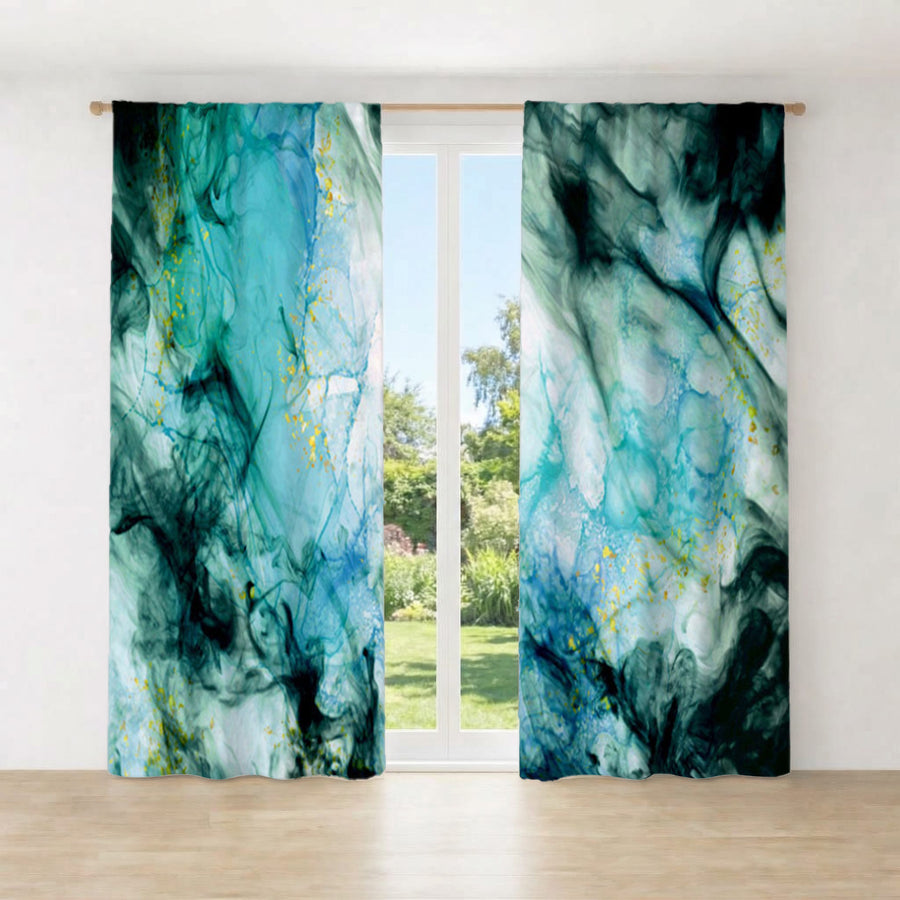 Teal Ink Wash Abstract Texture Window Curtain